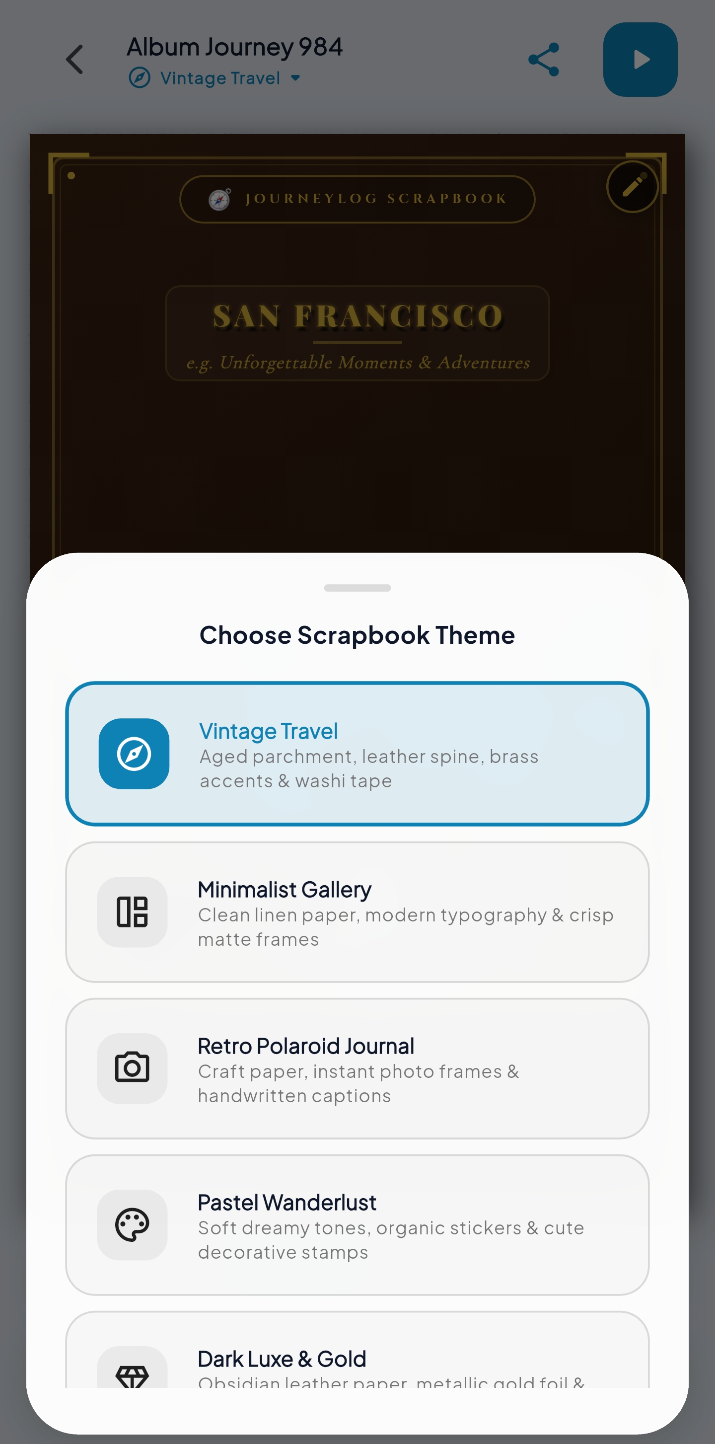Theme selection catalog in JourneyLog app